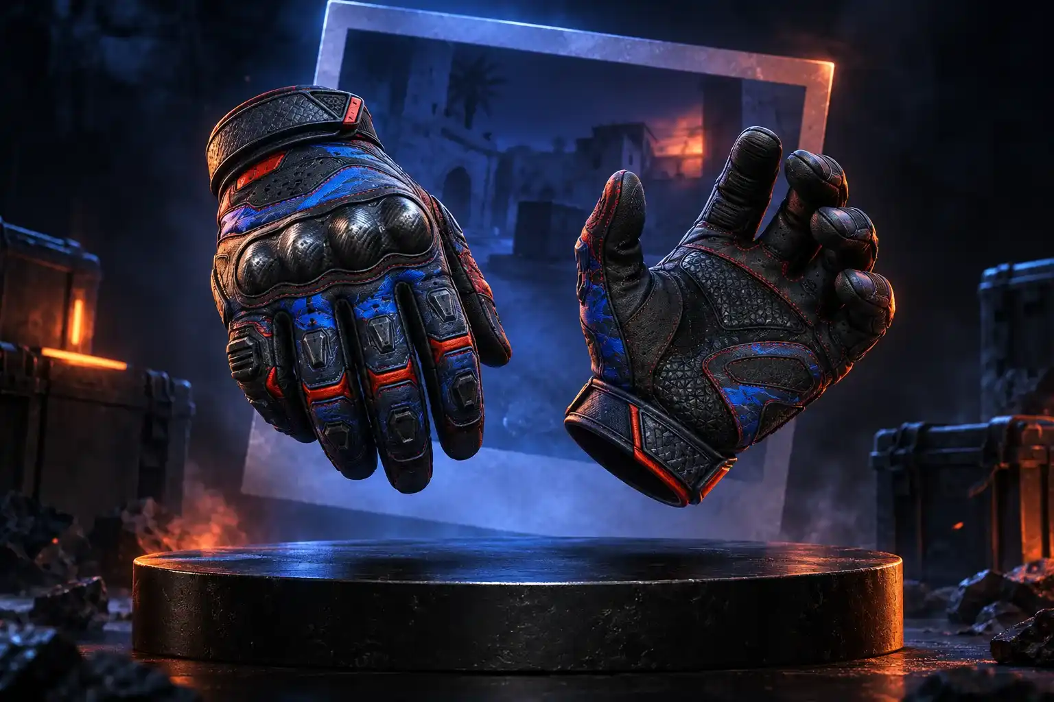 Illustration: a pair of tactical gloves floating above a pedestal in front of a glowing photo frame
