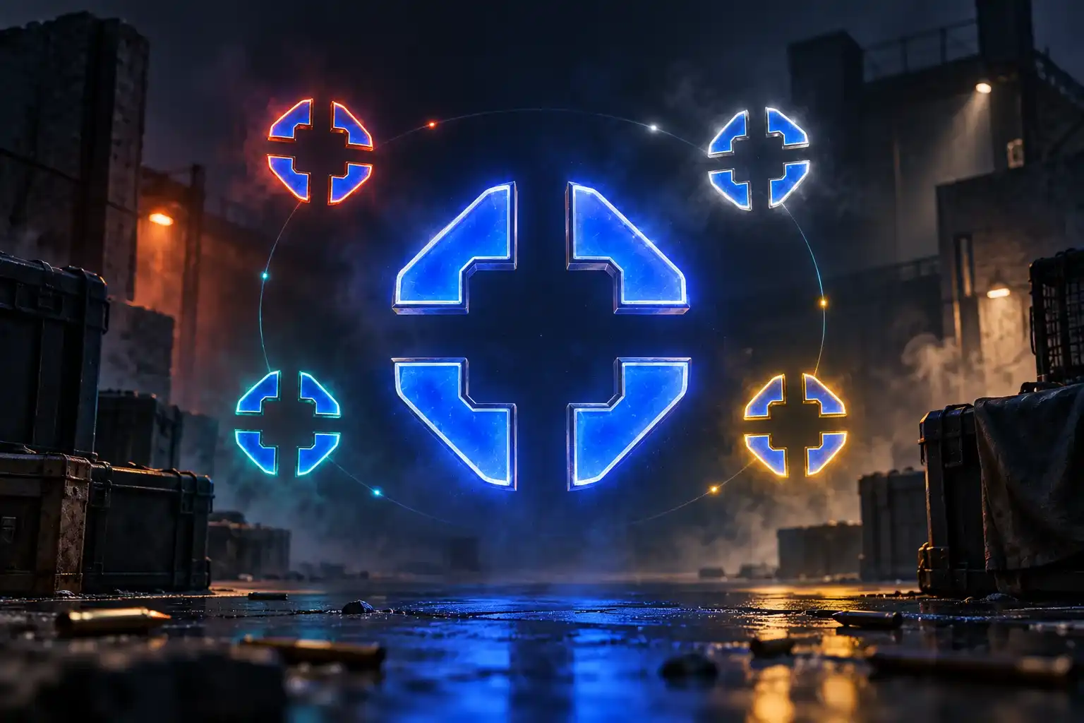 Illustration: a four-part Static Quadrant crosshair surrounded by smaller crosshairs with colored outlines