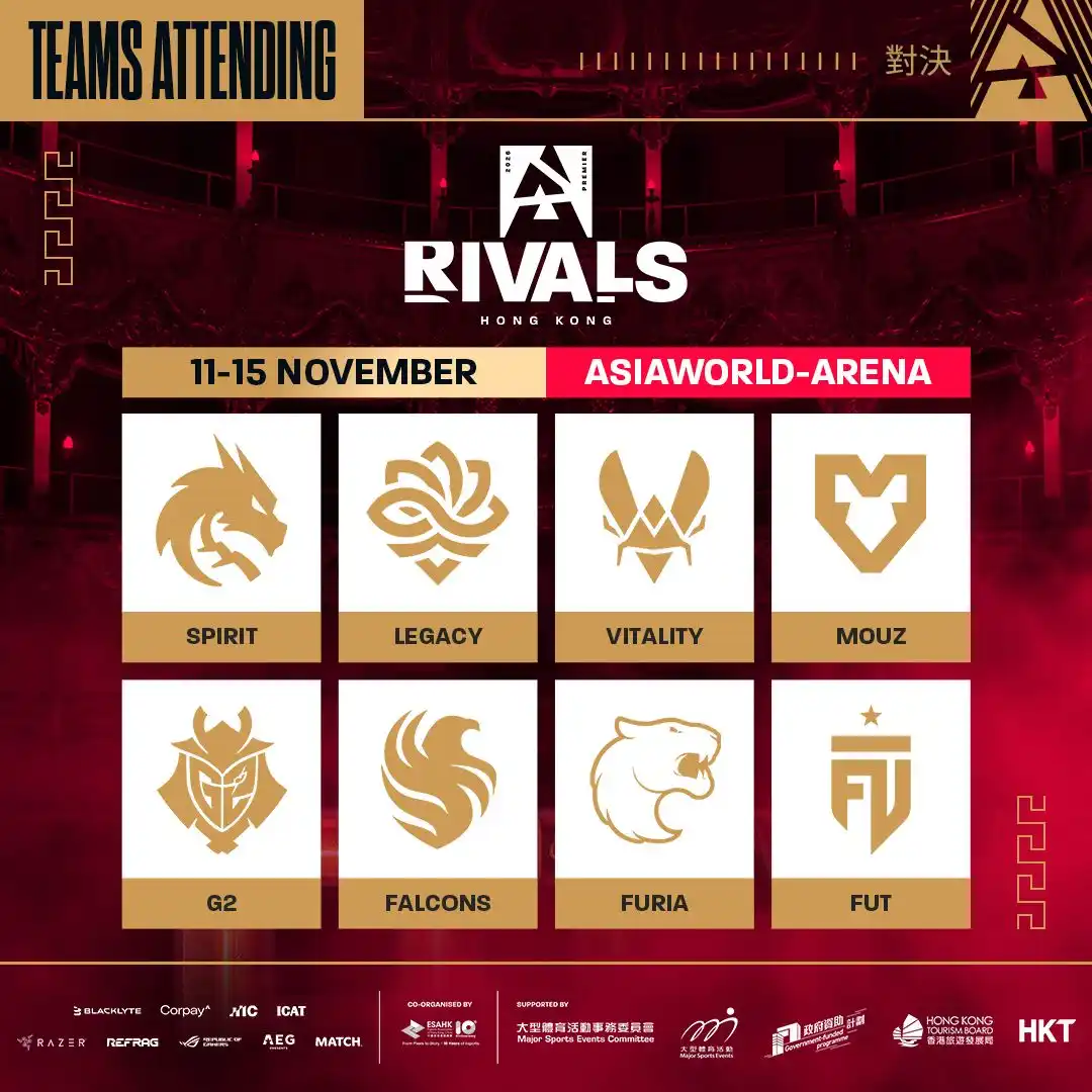 BLAST graphic listing the eight teams attending BLAST Premier Rivals Hong Kong 2026