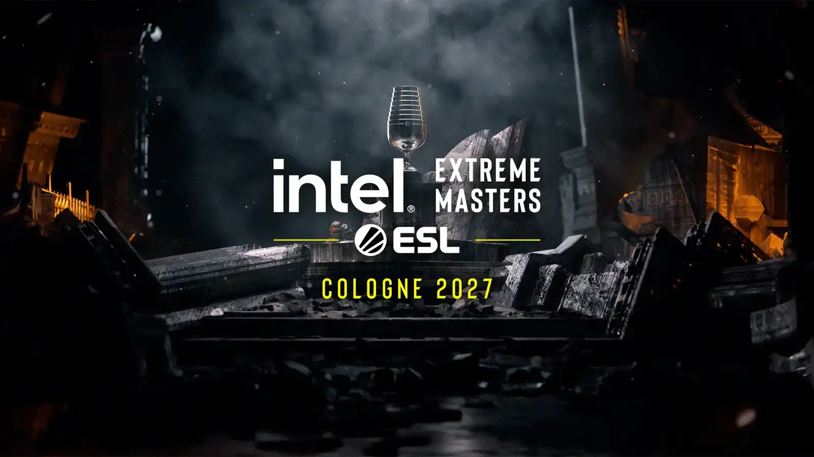 IEM Cologne 2027 key art: a trophy rising from dark ruins