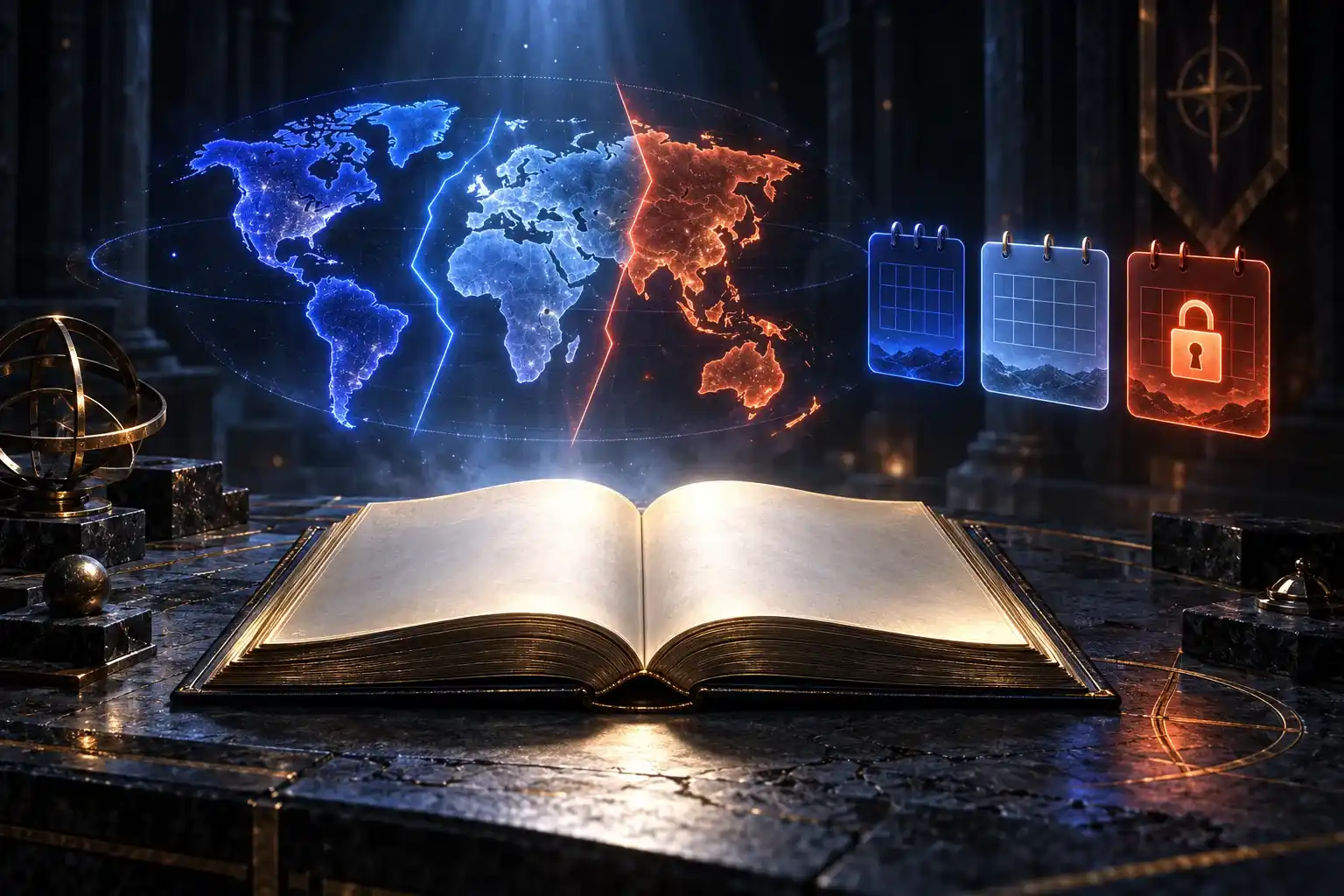 Illustration: an open rulebook under a world map split into three regions, with three calendar pages, the last one locked